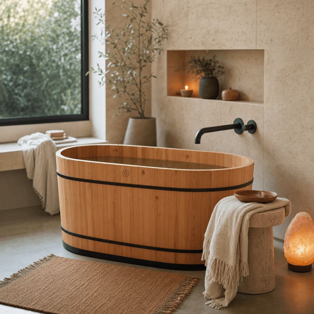 A modern minimalist bathroom with a cold plunge tub