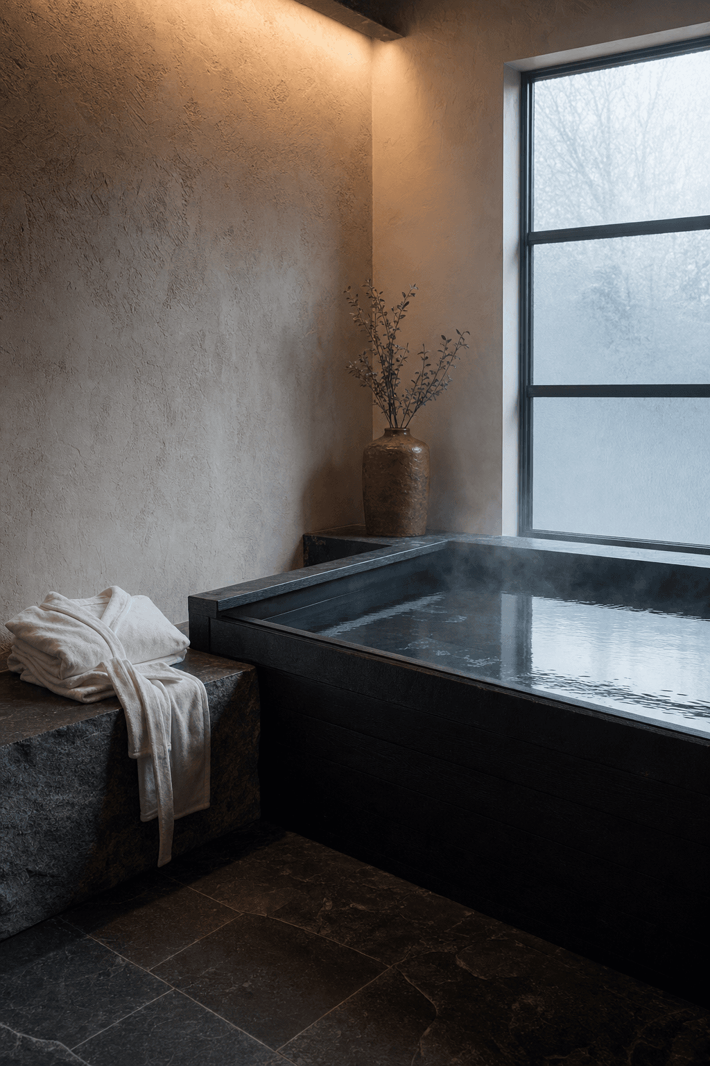 A still cold plunge tub in soft morning light