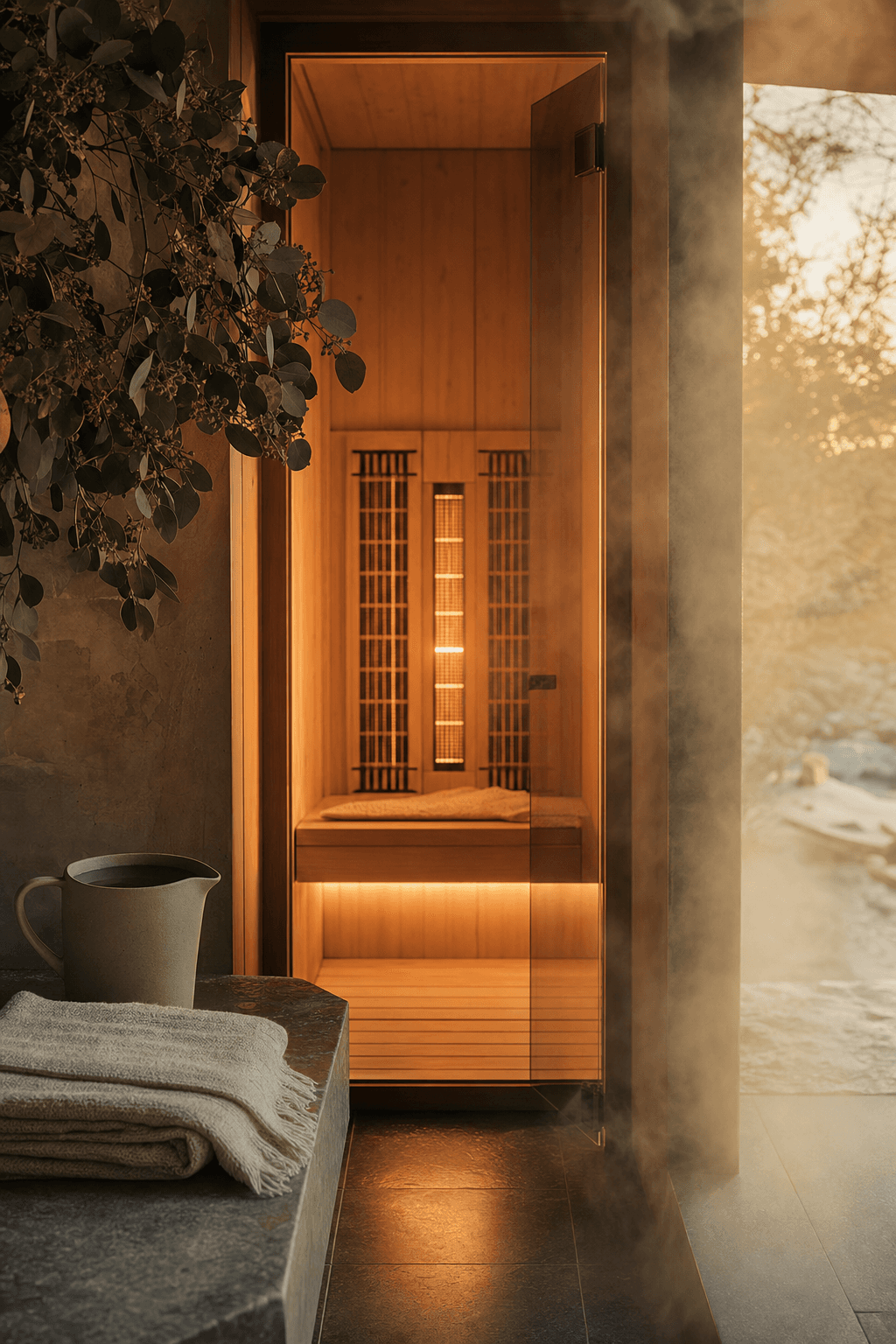 A softly lit Nordic sauna at dawn