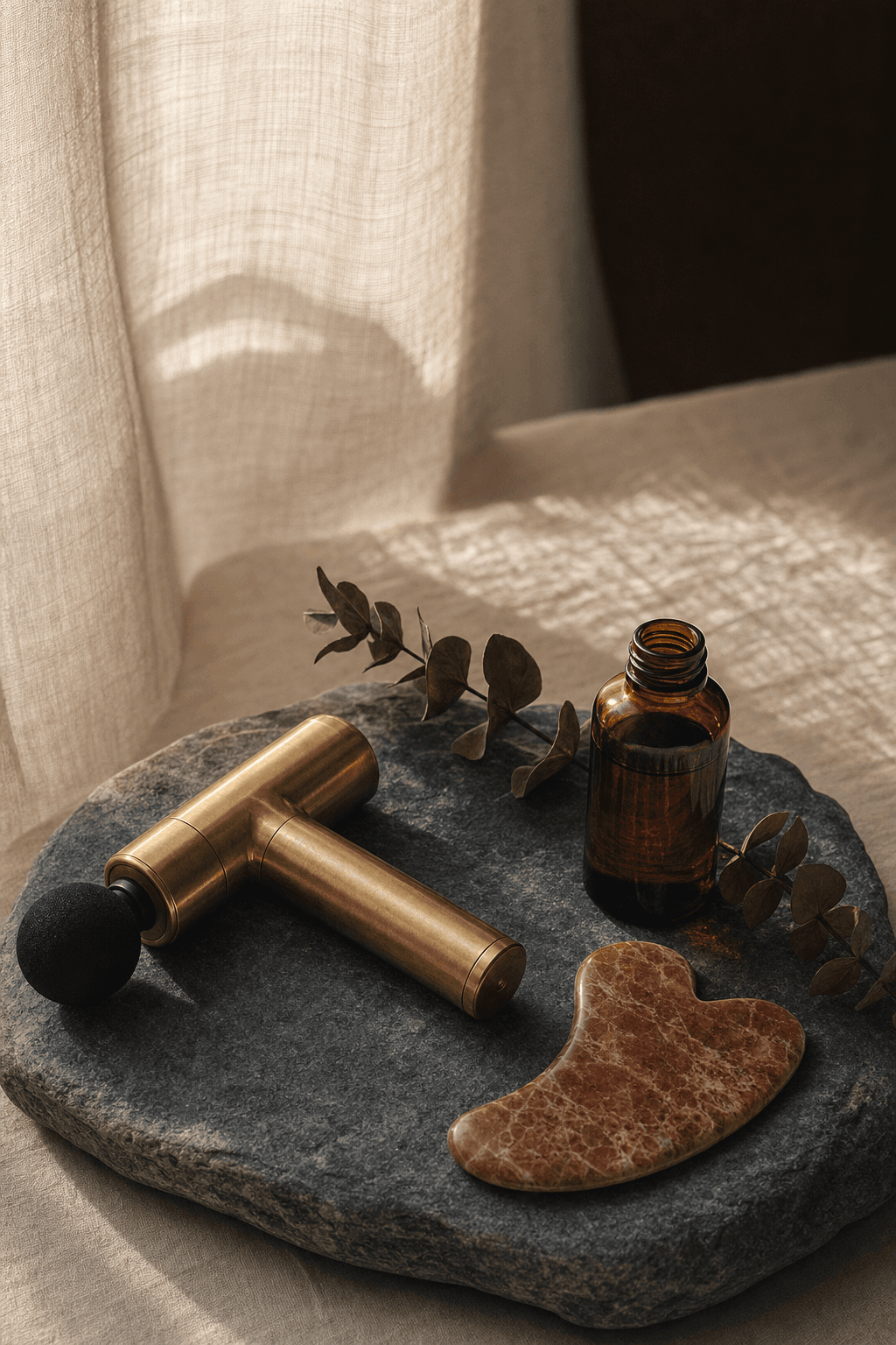 A slate tray of restoration tools in warm window light